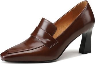 TinaCus Womens Genuine Leather Square Toe Classic Handmade Spoon Heel Loafers Pumps Shoes, Dark Brown, 3 UK