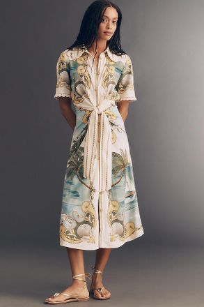Farm Rio Royal Sea Gathered-Waist Midi Dress