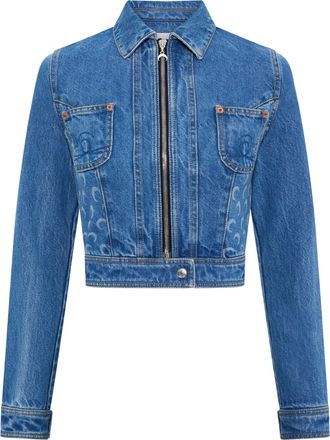 Marine Serre Cropped Denim Trucker Jacket with Crescent Moon Patterns
