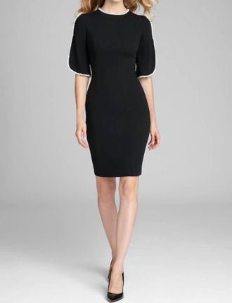 Teri Jon Short Sleeve Pearl Trim Crepe Sheath Dress In Black With Pearl Trim