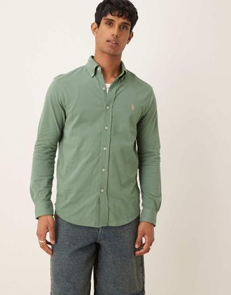 Polo Ralph Lauren Camicia in piqu&eacute; verde chiaro a rete con logo a icona