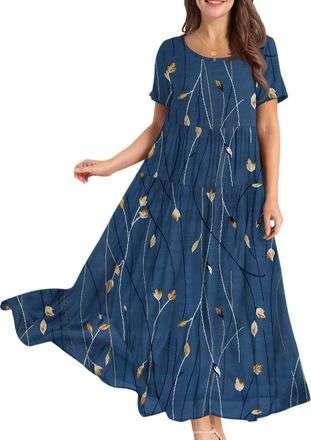 Generic Ladies Summer Dresses, Womens Plus Size Summer Maxi Dresses Casual Short Sleeve Crew Neck Swing Long Sundress Flowy Tiered Party Dress for Beach, Holi