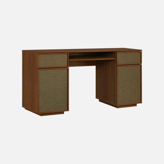 Sweeek Escritorio Efecto Madera Y Tela Con 2 Puertas, 2 Cajones Y 1 Nicho, 140cm