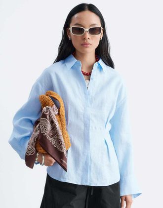 & Other Stories Camicia in lino azzurra con vita stretta e maniche voluminose-Blu