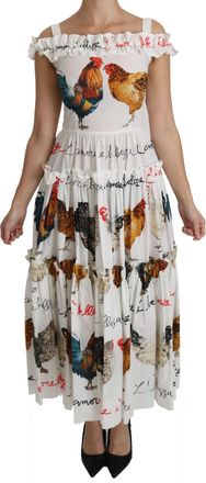 Dolce & Gabbana White Rooster Sheath Midi Cotton Womens Dress
