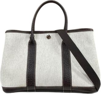 Herm&egrave;s Garden Beige Brown Toile H Leather Tote Bag (Pre-Owned)