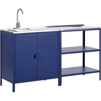Beliani Conjunto De Cocina 2 Piezas De Exterior Acero Inoxidable Isla De Cocina Y Armario Con Fregadero Monomando Azul Vilama