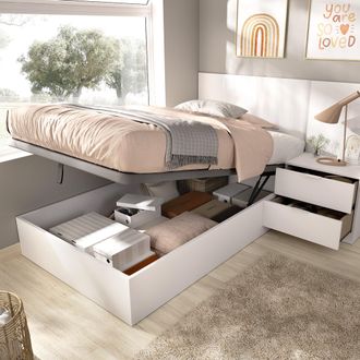 Dmora Cama Individual Lufkin, Contenedor, Tama&ntilde;o Colch&oacute;n 90x190 Cm, Contenedor Con Revestimiento De Tela, Blanco