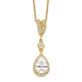 Diamond2Deal Sterling Silver Gold-plated Cubic Zirconia Teardrop and Bezel Halo Necklace 18