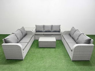 Fimous PE Rattan Lounge Sofa Set 9 Seater Outdoor Garden Furniture Set with Rectangular Coffee Table 3 Seater Sofa Side Table Light Grey