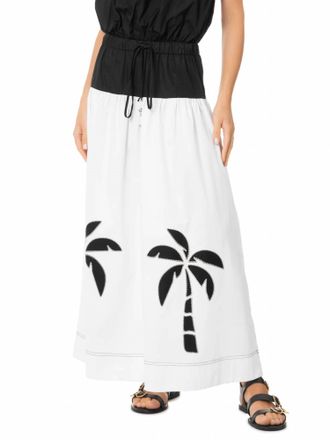 Dress To Palm Tree Embroidery Midi Skirt In White