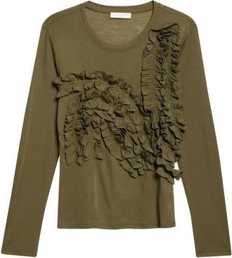 Ulla Johnson Polina Ruffle Wool Jersey Top in Loden at Nordstrom, Size X-Small