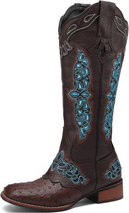 Generic Womens Square Toe PU Leather Knee High Boots Low Block Heel Western Cowboy Boots Pull on Retro Dress Shoes,Brown,7.5 UK