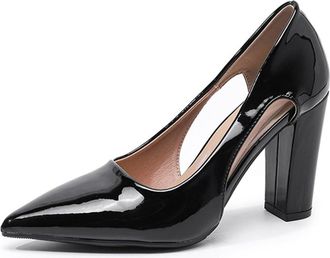 Generic Womens Pointed Toe High Block Heels with Side Cutout Slip On Dressy Pumps Business Events Party Formal Court Shoes (Black,7.5)