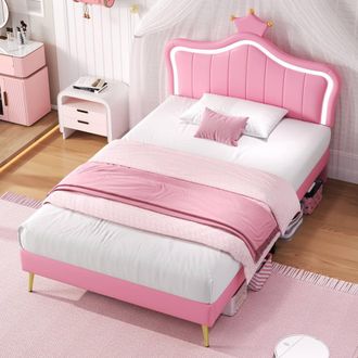Merax PU Leather 3ft Single Crown Shaped Childrens Bed Frame with LED in Pink