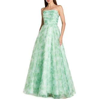 Mac Duggal Womens Strapless Floral Chiffon Gown with Ruched Detail in Sage Multi at Nordstrom, Size 10