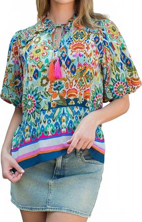 THML Clothing Floral Puff Sleeve Print Top In Blue