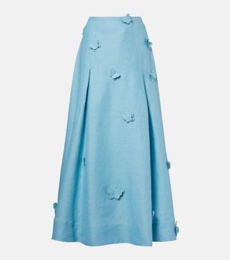 Farm Rio Patch-appliqu&eacute; linen midi skirt
