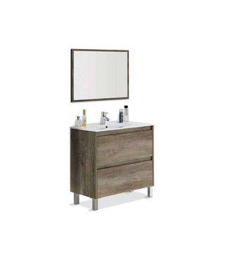 F.R.S. Frs - Mueble Ba&ntilde;o Loa 2 Cajones Espejo Y Lavabo Cer&aacute;mico En Acabado Color Nordik 80 Cm(alto)80 Cm(ancho)45 Cm(largo)