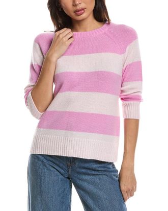 Fort&eacute; Cashmere 3/4-Sleeve Wide Stripe Crewneck Cashmere Sweater