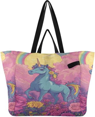 Generic Floral Unicorns Rainbow Sky pattern Reusable Canvas Tote Bag, Heavy Duty Grocery Shopping Bag with Double Handles Large Capacity Hard Bottom Work Groc