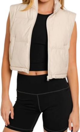 Entro Cropped Puffer Zip Up Vest In Sand