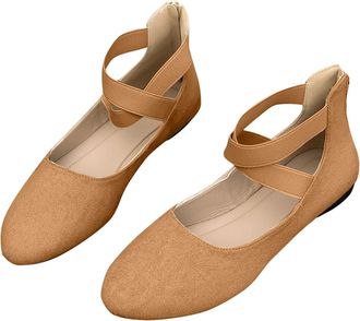 Generic Womens Ballet Shoes with Elastic Ankle Straps Casual Stylish Pumps Solid Color Comfortable Breathable Classic Flat Shoes Work Party Khaki