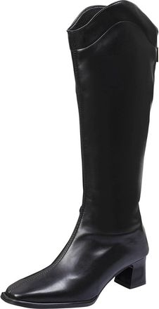 Generic Knee High Boots Women Faux Leather Stylish Long Booties Solid Coloe Chunky Heel Back Zipper Comfortable Casual Riding Boots Party Leisure