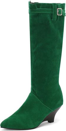 Generic Womens Wedge High Heel Long Boots Pointed Toe Knee High Boots with Side Zipper Faux Suede Western Boot with Buckle,Green,7.5 UK