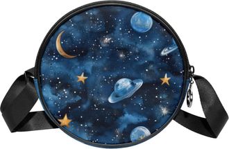 Generic Circle Crossbody Bag for Women, Space Stars Planet Small Sling Bag Daypack with Zipper Adjustable Shoulder Straps Casual Ladies Girls Round Purse