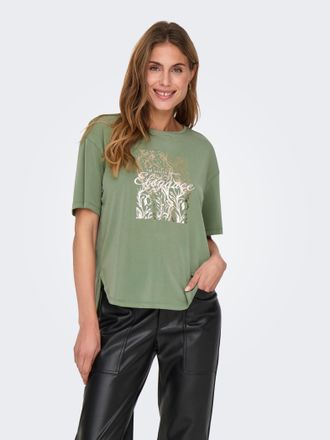 Only Kurzarmshirt ONLY ONLFREE LIFE S/S BOTANICAL TOP BOX JRS, Damen, Gr. XS (34), gr&uuml;n (hedge gr&uuml;n print:elegance), Jersey, Obermaterial: 70% Modal, 30% P