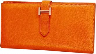 Herm&egrave;s Orange Poppy Chevre Myzore Leather Long Wallet (Bi-Fold) (Pre-Owned)