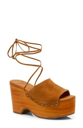 Free People Front Row Ankle Wrap Platform Sandal in Vachetta Voyage Suee at Nordstrom, Size 8.5