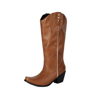 Generic Womens Pointed Toe Western Cowboy Boots Pull on Wide-Calf Boots Low Chunky Heel Knee High Boot,Brown,2.5 UK