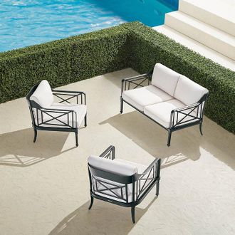 Frontgate Mercier 3-pc. Loveseat Set in Onyx Aluminum - Standard, Boucle Snow with Logic Bone Piping - Frontgate