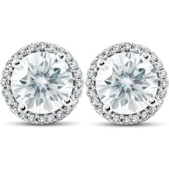 Pompeii3 2 1/5 Ct Diamond Halo Moissanite Studs 10k White Gold