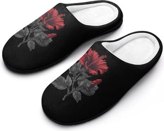 Generic Tattoo Hibiscus Flower Mens Cozy Cotton Slippers with Memory Foam Lightweight Anti-skid House Shoes for Indoor Outdoor