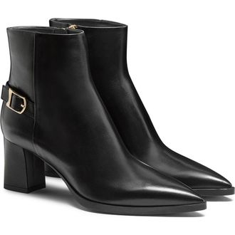 Santoni Womens Leather Mid-Heel Ankle Boot with Decorative Buckle in Black at Nordstrom, Size 10.5