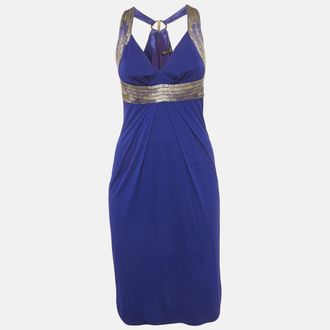 Roberto Cavalli Blue Beaded Jersey Short Dress