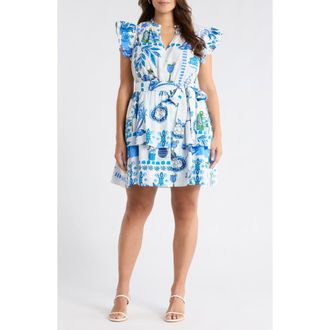 Sugarlips Sosy Postcard Marisol Tiered Minidress in White/Blue/Green at Nordstrom, Size 1 X