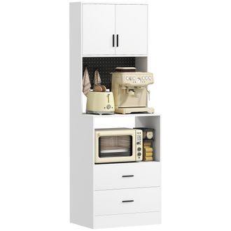 HOMCOM Homcom Mueble Auxiliar De Cocina, Aparador De Cocina Con Soporte Para Microondas, 2 Cajones, 2 Puertas, Panel Perforado De Metal Con 4 Ganchos, Blanco