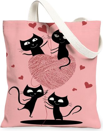 Generic Cute Cats Canvas Tote Bags, Adorable Feline Heart Pattern Reusable Shopping Bags, Lightweight Washable Shoulder Strap, Peach, 13x15 Inch