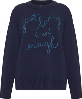 Lingua Franca Womens Just Living Is Not Enough Crewneck Sweater In Navy