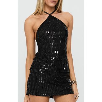 Princess Polly September Sunsets Sequin Halter Top in Black at Nordstrom, Size 10