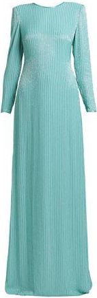 Elisabetta Franchi Crepe Maxi Dress for Women in Teal with Round Collar and Long Sleeves