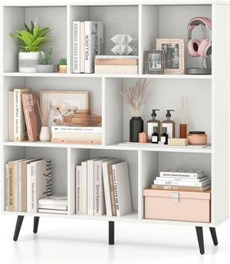 Costway Libreria a 8 cubi 100 x 24 x 107 cm, organizer con 5 gambe in metallo affusolate, ripiano con 2 kit anticaduta per salone, ufficio, bianco