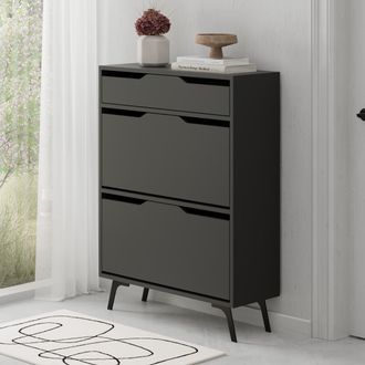 Decortie Asta Modern 2-Door Shoe Cabinet with Drawer Metal Legs 110cm in Dark Grey | Size: 2 Pack