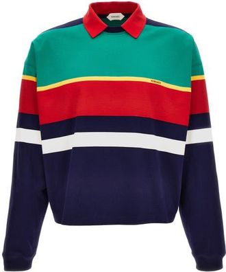 Versace Stripe Heavyweight Cotton Jersey Polo Sweatshirt in Green Yellow Lipstick Red at Nordstrom, Size Xx-Large