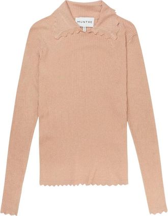 Munthe Feminine Ribgebreide Blouse met Opvallende Details - Dames - Ronde hals truien - Bruin - L - Polyester - Truien & Vesten