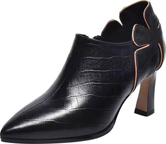 Generic Womens Floral Ankle Boots Fashionable Retro Pattern Pointed Toe Slim Heel Zippered Footwear for Elegant Style (Black, 4.5)